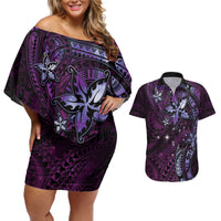 Hawaii Makahiki Season Couples Matching Off Shoulder Short Dress and Hawaiian Shirt Floral Tribal Tattoo Purple Galaxy LT05 Purple - Polynesian Pride