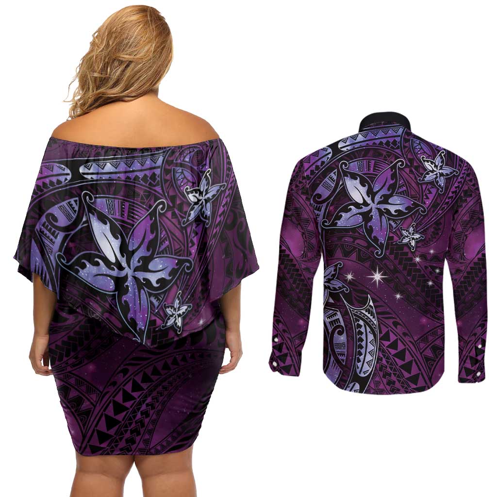 Hawaii Makahiki Season Couples Matching Off Shoulder Short Dress and Long Sleeve Button Shirt Floral Tribal Tattoo Purple Galaxy LT05 - Polynesian Pride