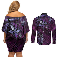 Hawaii Makahiki Season Couples Matching Off Shoulder Short Dress and Long Sleeve Button Shirt Floral Tribal Tattoo Purple Galaxy LT05 - Polynesian Pride