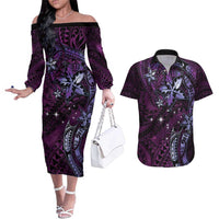 Hawaii Makahiki Season Couples Matching Off The Shoulder Long Sleeve Dress and Hawaiian Shirt Floral Tribal Tattoo Purple Galaxy LT05 Purple - Polynesian Pride