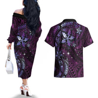Hawaii Makahiki Season Couples Matching Off The Shoulder Long Sleeve Dress and Hawaiian Shirt Floral Tribal Tattoo Purple Galaxy LT05 - Polynesian Pride
