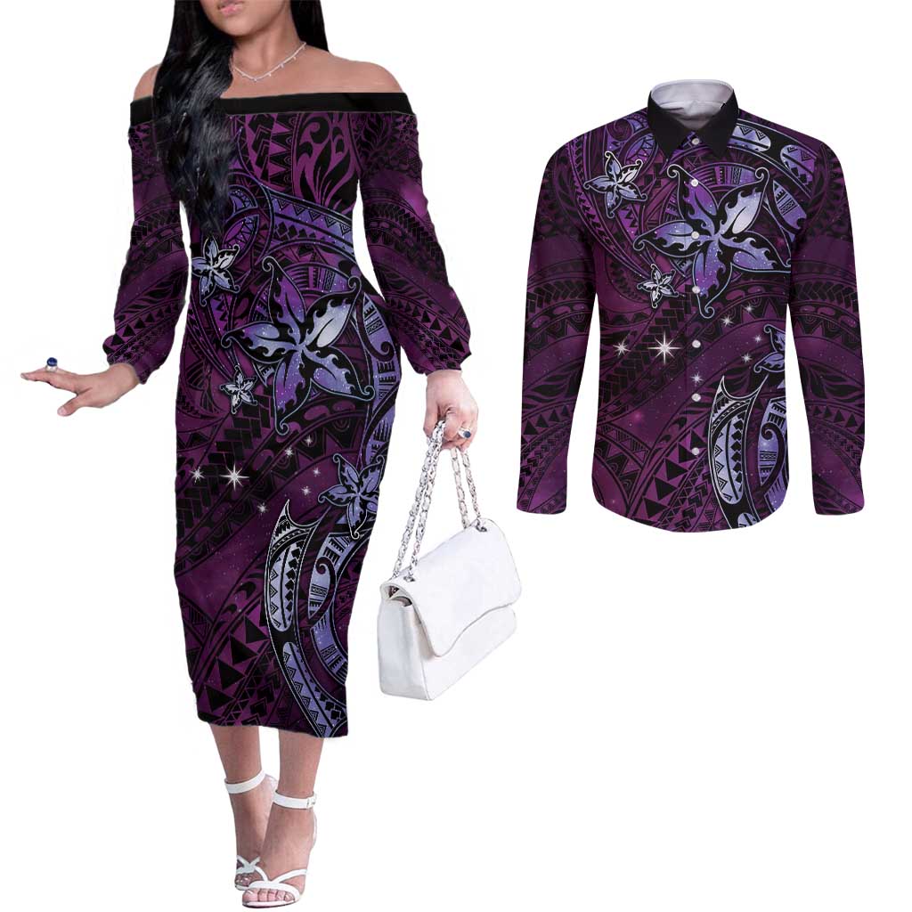 Hawaii Makahiki Season Couples Matching Off The Shoulder Long Sleeve Dress and Long Sleeve Button Shirt Floral Tribal Tattoo Purple Galaxy LT05 Purple - Polynesian Pride