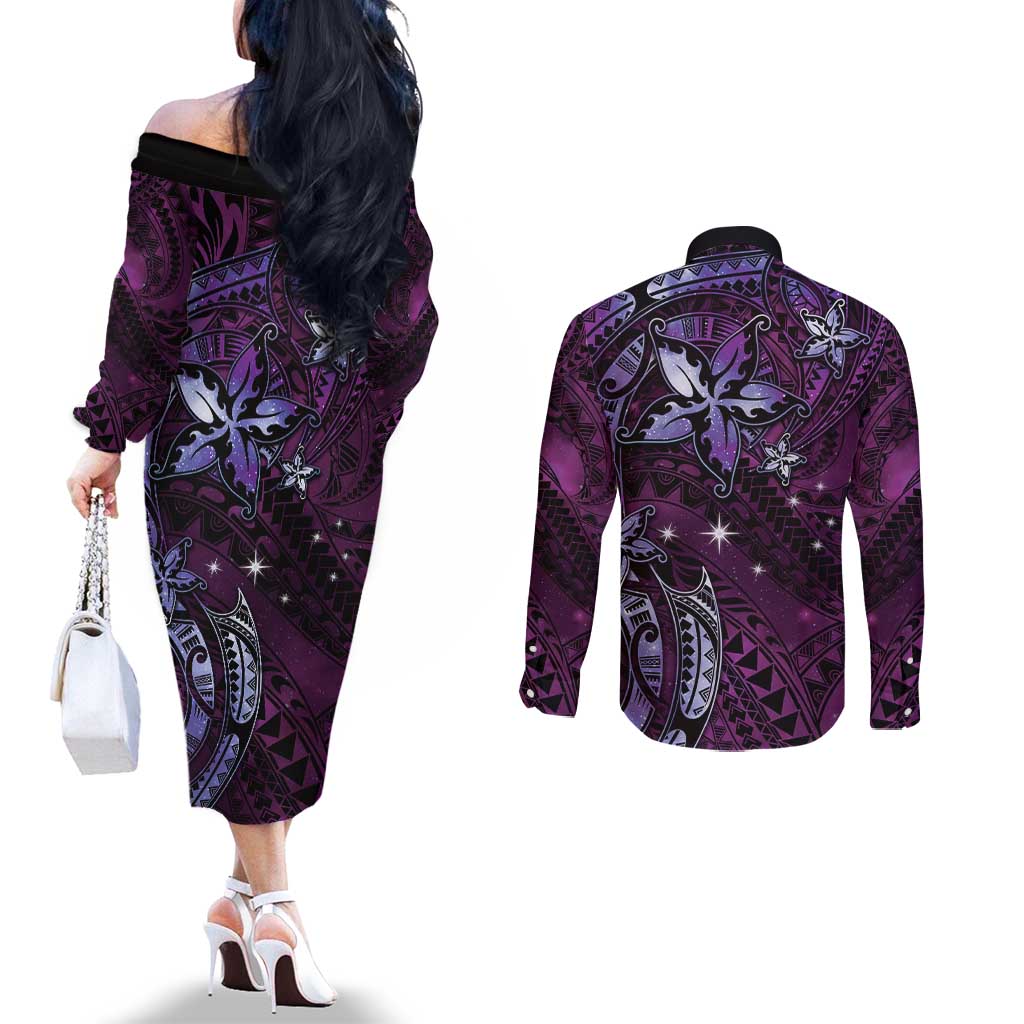 Hawaii Makahiki Season Couples Matching Off The Shoulder Long Sleeve Dress and Long Sleeve Button Shirt Floral Tribal Tattoo Purple Galaxy LT05 - Polynesian Pride