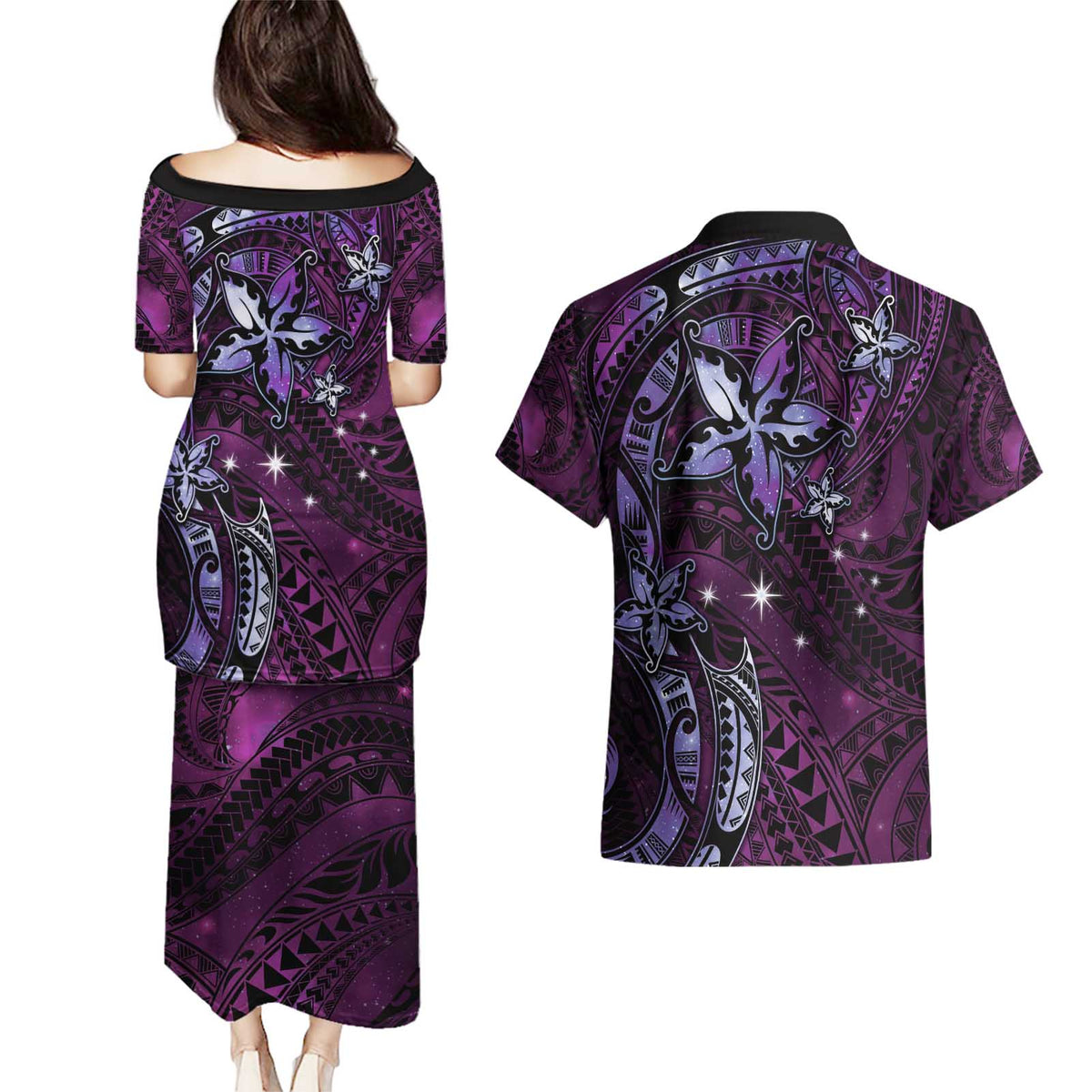 Hawaii Makahiki Season Couples Matching Puletasi and Hawaiian Shirt Floral Tribal Tattoo Purple Galaxy LT05 - Polynesian Pride