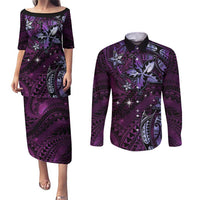 Hawaii Makahiki Season Couples Matching Puletasi and Long Sleeve Button Shirt Floral Tribal Tattoo Purple Galaxy LT05 Purple - Polynesian Pride