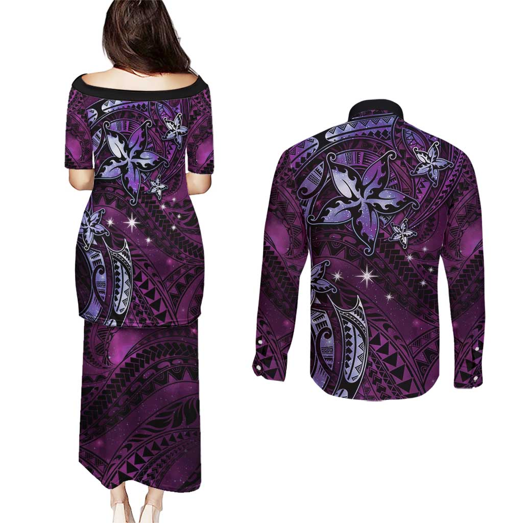 Hawaii Makahiki Season Couples Matching Puletasi and Long Sleeve Button Shirt Floral Tribal Tattoo Purple Galaxy LT05 - Polynesian Pride