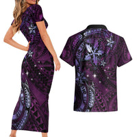 Hawaii Makahiki Season Couples Matching Short Sleeve Bodycon Dress and Hawaiian Shirt Floral Tribal Tattoo Purple Galaxy LT05 - Polynesian Pride