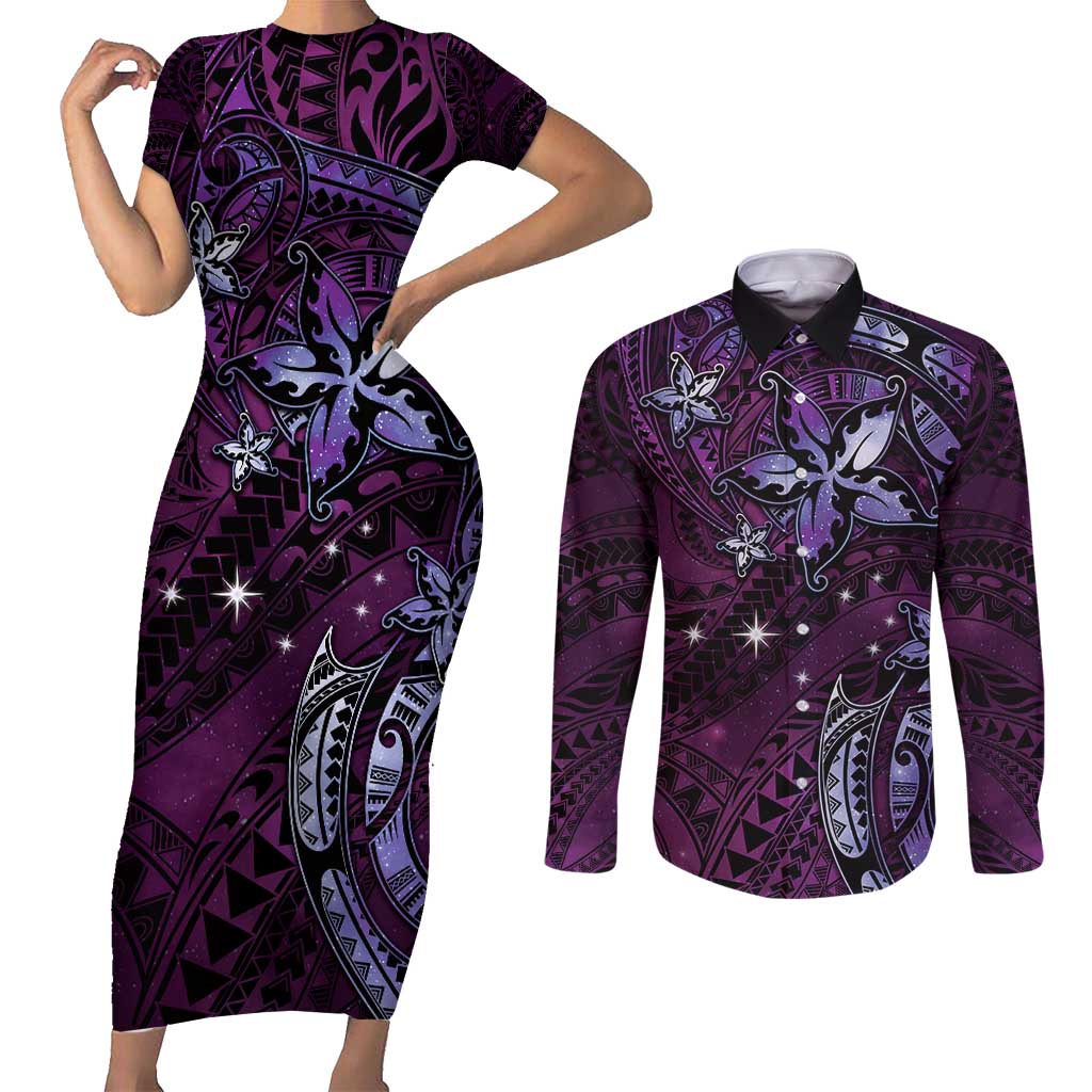 Hawaii Makahiki Season Couples Matching Short Sleeve Bodycon Dress and Long Sleeve Button Shirt Floral Tribal Tattoo Purple Galaxy LT05 Purple - Polynesian Pride