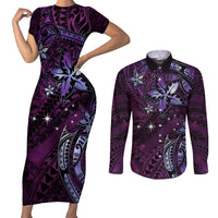 Hawaii Makahiki Season Couples Matching Short Sleeve Bodycon Dress and Long Sleeve Button Shirt Floral Tribal Tattoo Purple Galaxy LT05 Purple - Polynesian Pride