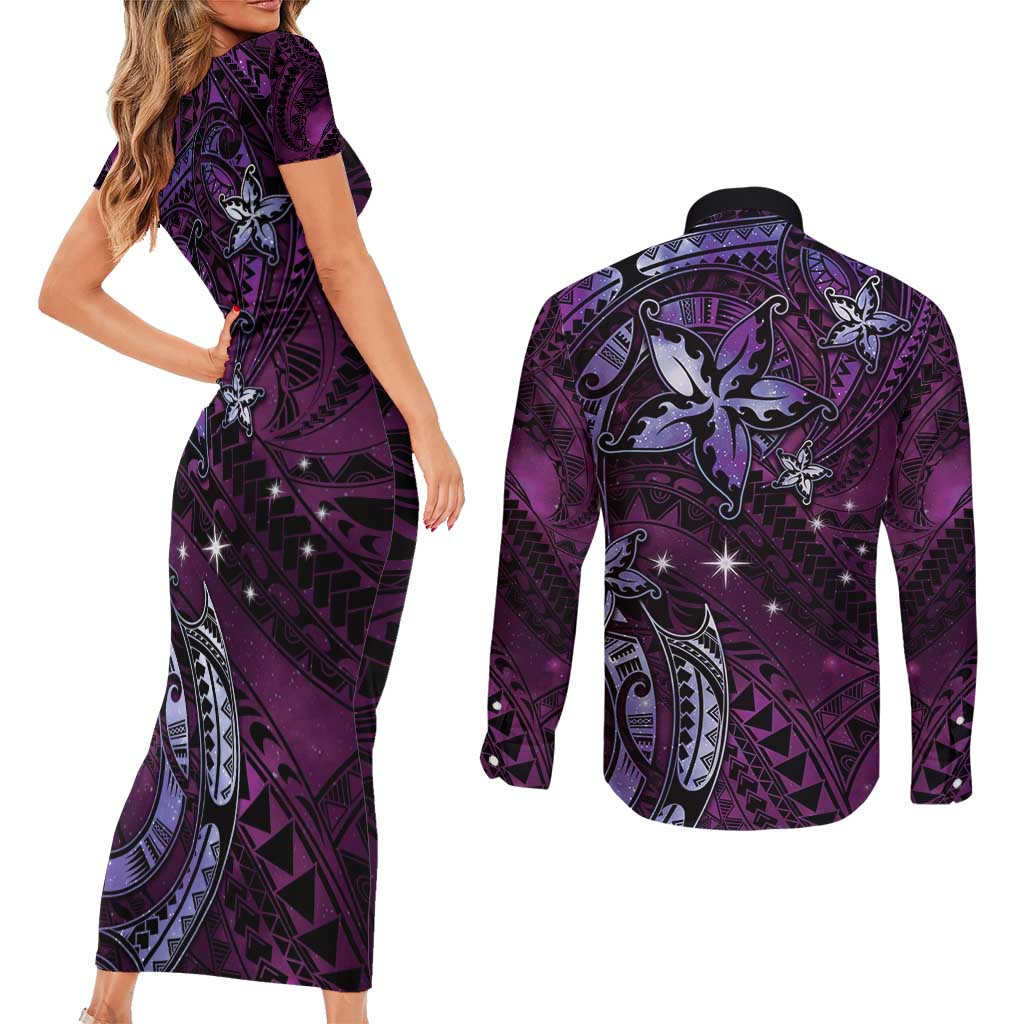 Hawaii Makahiki Season Couples Matching Short Sleeve Bodycon Dress and Long Sleeve Button Shirt Floral Tribal Tattoo Purple Galaxy LT05 - Polynesian Pride