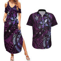 Hawaii Makahiki Season Couples Matching Summer Maxi Dress and Hawaiian Shirt Floral Tribal Tattoo Purple Galaxy LT05 Purple - Polynesian Pride