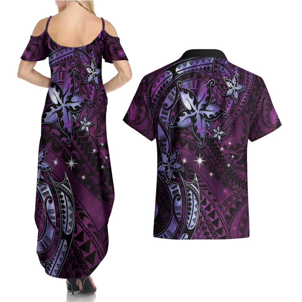 Hawaii Makahiki Season Couples Matching Summer Maxi Dress and Hawaiian Shirt Floral Tribal Tattoo Purple Galaxy LT05 - Polynesian Pride