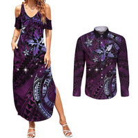 Hawaii Makahiki Season Couples Matching Summer Maxi Dress and Long Sleeve Button Shirt Floral Tribal Tattoo Purple Galaxy LT05 Purple - Polynesian Pride
