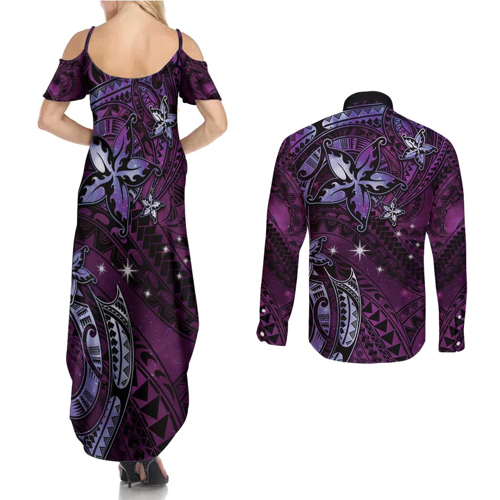 Hawaii Makahiki Season Couples Matching Summer Maxi Dress and Long Sleeve Button Shirt Floral Tribal Tattoo Purple Galaxy LT05 - Polynesian Pride