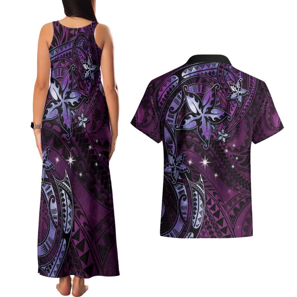 Hawaii Makahiki Season Couples Matching Tank Maxi Dress and Hawaiian Shirt Floral Tribal Tattoo Purple Galaxy LT05 - Polynesian Pride