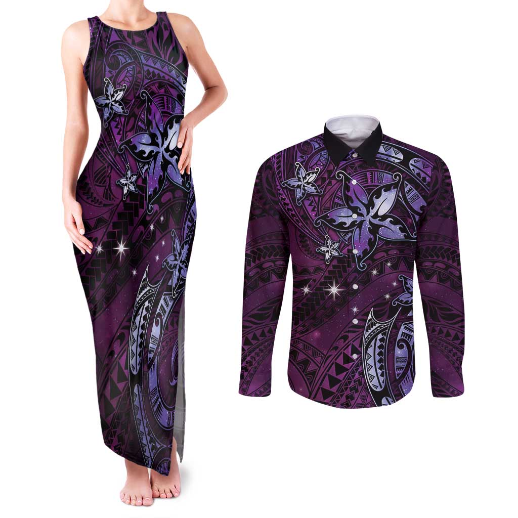 Hawaii Makahiki Season Couples Matching Tank Maxi Dress and Long Sleeve Button Shirt Floral Tribal Tattoo Purple Galaxy LT05 Purple - Polynesian Pride
