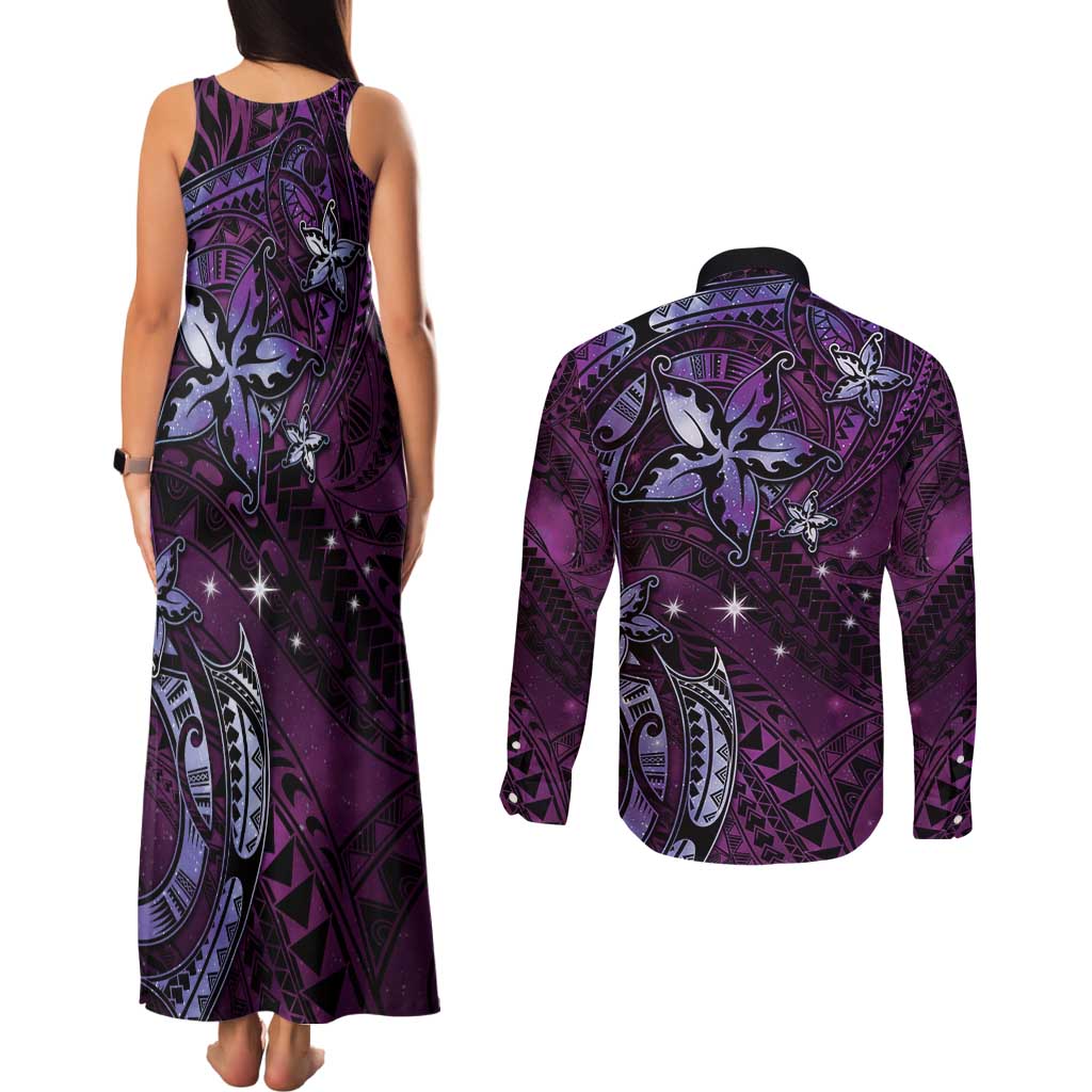 Hawaii Makahiki Season Couples Matching Tank Maxi Dress and Long Sleeve Button Shirt Floral Tribal Tattoo Purple Galaxy LT05 - Polynesian Pride