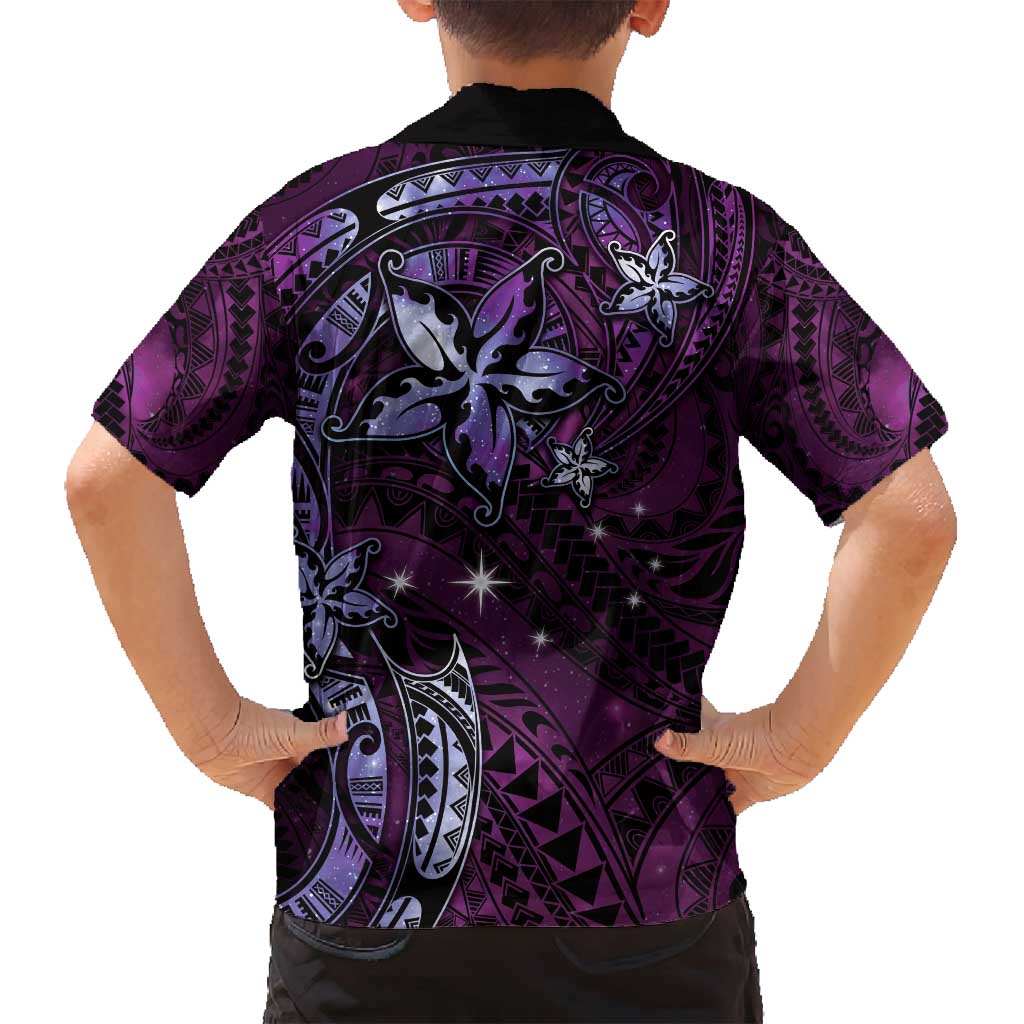 Hawaii Makahiki Season Family Matching Long Sleeve Bodycon Dress and Hawaiian Shirt Floral Tribal Tattoo Purple Galaxy LT05 - Polynesian Pride