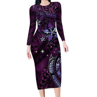 Hawaii Makahiki Season Family Matching Long Sleeve Bodycon Dress and Hawaiian Shirt Floral Tribal Tattoo Purple Galaxy LT05 Mom's Dress Purple - Polynesian Pride
