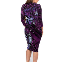 Hawaii Makahiki Season Family Matching Long Sleeve Bodycon Dress and Hawaiian Shirt Floral Tribal Tattoo Purple Galaxy LT05 - Polynesian Pride