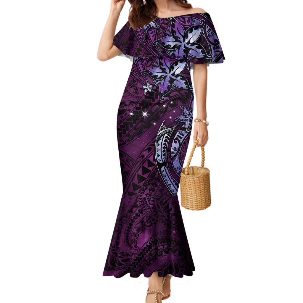 Hawaii Makahiki Season Family Matching Mermaid Dress and Hawaiian Shirt Floral Tribal Tattoo Purple Galaxy LT05 Mom's Dress Purple - Polynesian Pride