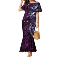 Hawaii Makahiki Season Family Matching Mermaid Dress and Hawaiian Shirt Floral Tribal Tattoo Purple Galaxy LT05 Mom's Dress Purple - Polynesian Pride