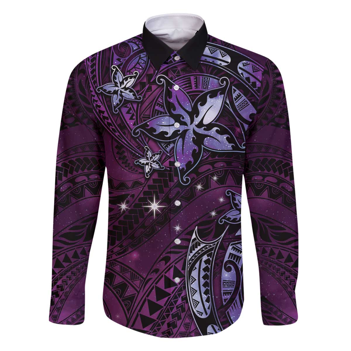 Hawaii Makahiki Season Family Matching Off The Shoulder Long Sleeve Dress and Hawaiian Shirt Floral Tribal Tattoo Purple Galaxy LT05 Dad's Shirt - Long Sleeve Purple - Polynesian Pride