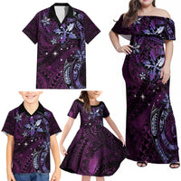 Hawaii Makahiki Season Family Matching Off Shoulder Maxi Dress and Hawaiian Shirt Floral Tribal Tattoo Purple Galaxy LT05 - Polynesian Pride