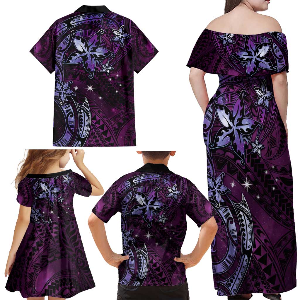Hawaii Makahiki Season Family Matching Off Shoulder Maxi Dress and Hawaiian Shirt Floral Tribal Tattoo Purple Galaxy LT05 - Polynesian Pride