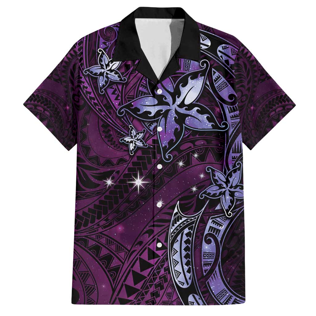 Hawaii Makahiki Season Family Matching Off Shoulder Maxi Dress and Hawaiian Shirt Floral Tribal Tattoo Purple Galaxy LT05 Dad's Shirt - Short Sleeve Purple - Polynesian Pride