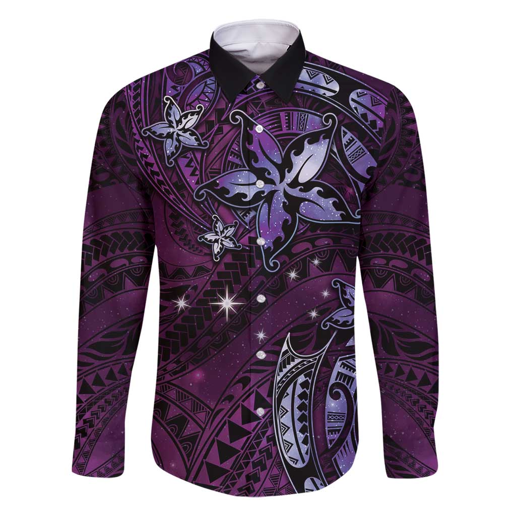 Hawaii Makahiki Season Family Matching Off Shoulder Maxi Dress and Hawaiian Shirt Floral Tribal Tattoo Purple Galaxy LT05 Dad's Shirt - Long Sleeve Purple - Polynesian Pride