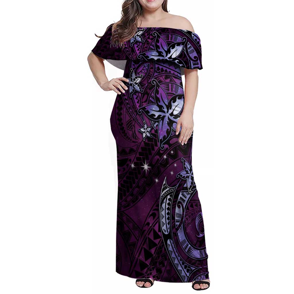 Hawaii Makahiki Season Family Matching Off Shoulder Maxi Dress and Hawaiian Shirt Floral Tribal Tattoo Purple Galaxy LT05 Mom's Dress Purple - Polynesian Pride