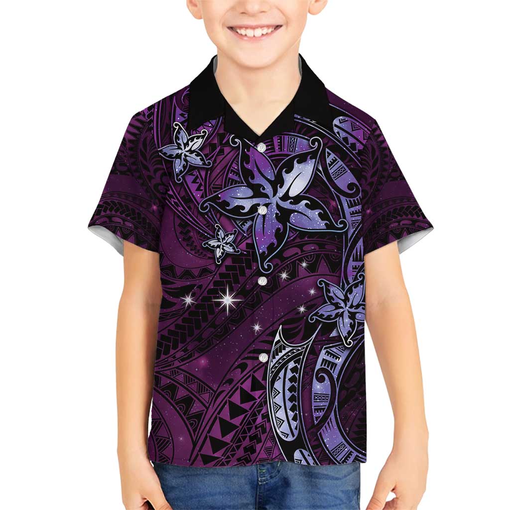 Hawaii Makahiki Season Family Matching Off Shoulder Maxi Dress and Hawaiian Shirt Floral Tribal Tattoo Purple Galaxy LT05 Son's Shirt Purple - Polynesian Pride