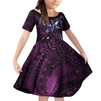 Hawaii Makahiki Season Family Matching Off Shoulder Short Dress and Hawaiian Shirt Floral Tribal Tattoo Purple Galaxy LT05 Daughter's Dress Purple - Polynesian Pride