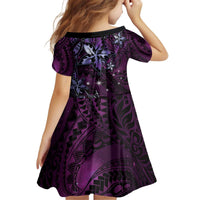 Hawaii Makahiki Season Family Matching Off Shoulder Short Dress and Hawaiian Shirt Floral Tribal Tattoo Purple Galaxy LT05 - Polynesian Pride
