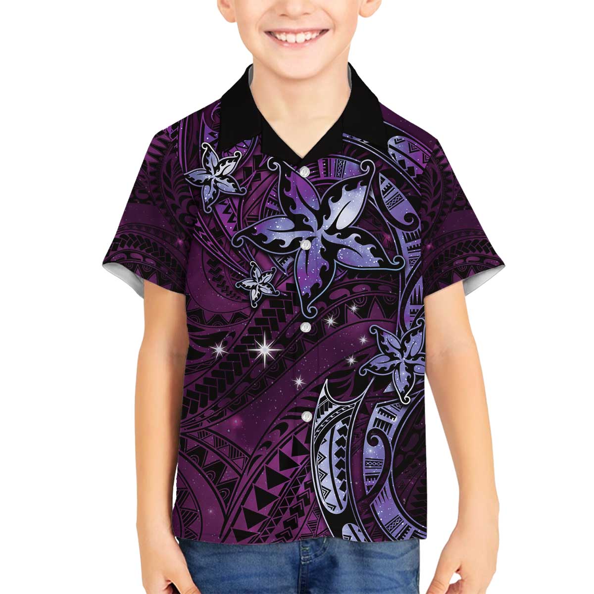 Hawaii Makahiki Season Family Matching Off Shoulder Short Dress and Hawaiian Shirt Floral Tribal Tattoo Purple Galaxy LT05 Son's Shirt Purple - Polynesian Pride