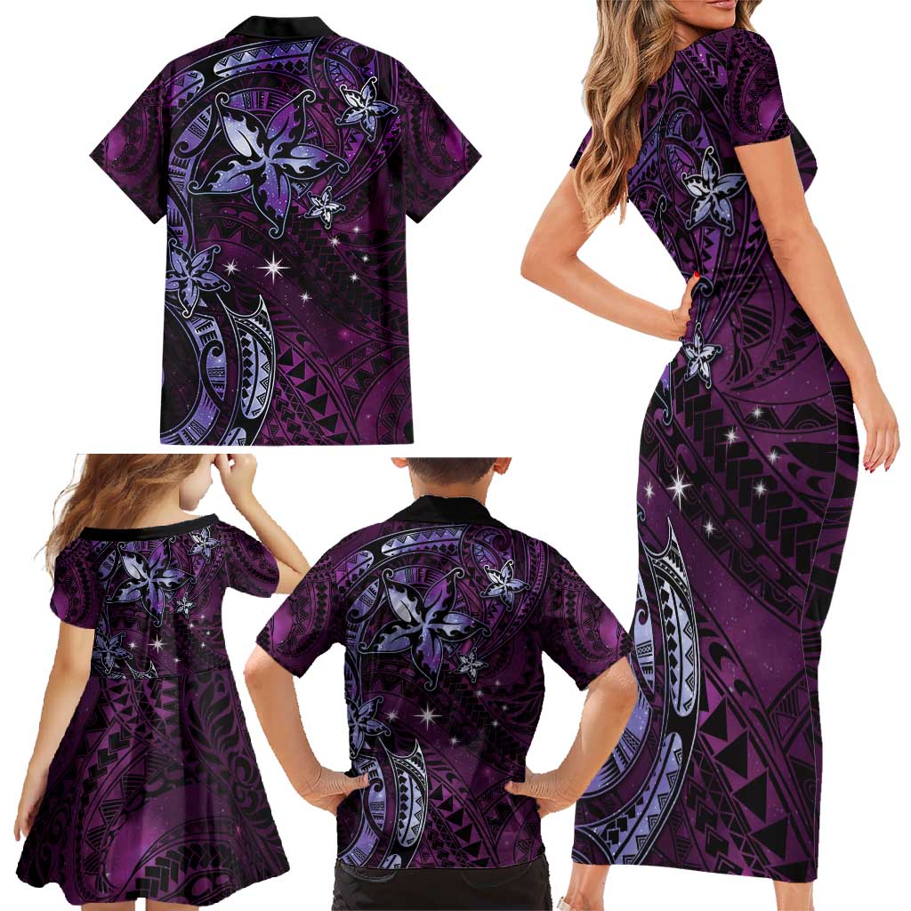 Hawaii Makahiki Season Family Matching Short Sleeve Bodycon Dress and Hawaiian Shirt Floral Tribal Tattoo Purple Galaxy LT05 - Polynesian Pride