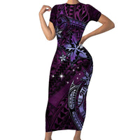 Hawaii Makahiki Season Family Matching Short Sleeve Bodycon Dress and Hawaiian Shirt Floral Tribal Tattoo Purple Galaxy LT05 Mom's Dress Purple - Polynesian Pride