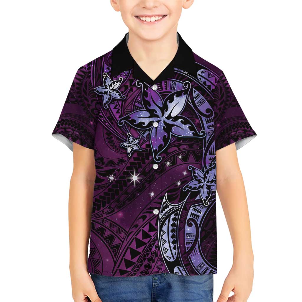 Hawaii Makahiki Season Family Matching Short Sleeve Bodycon Dress and Hawaiian Shirt Floral Tribal Tattoo Purple Galaxy LT05 Son's Shirt Purple - Polynesian Pride