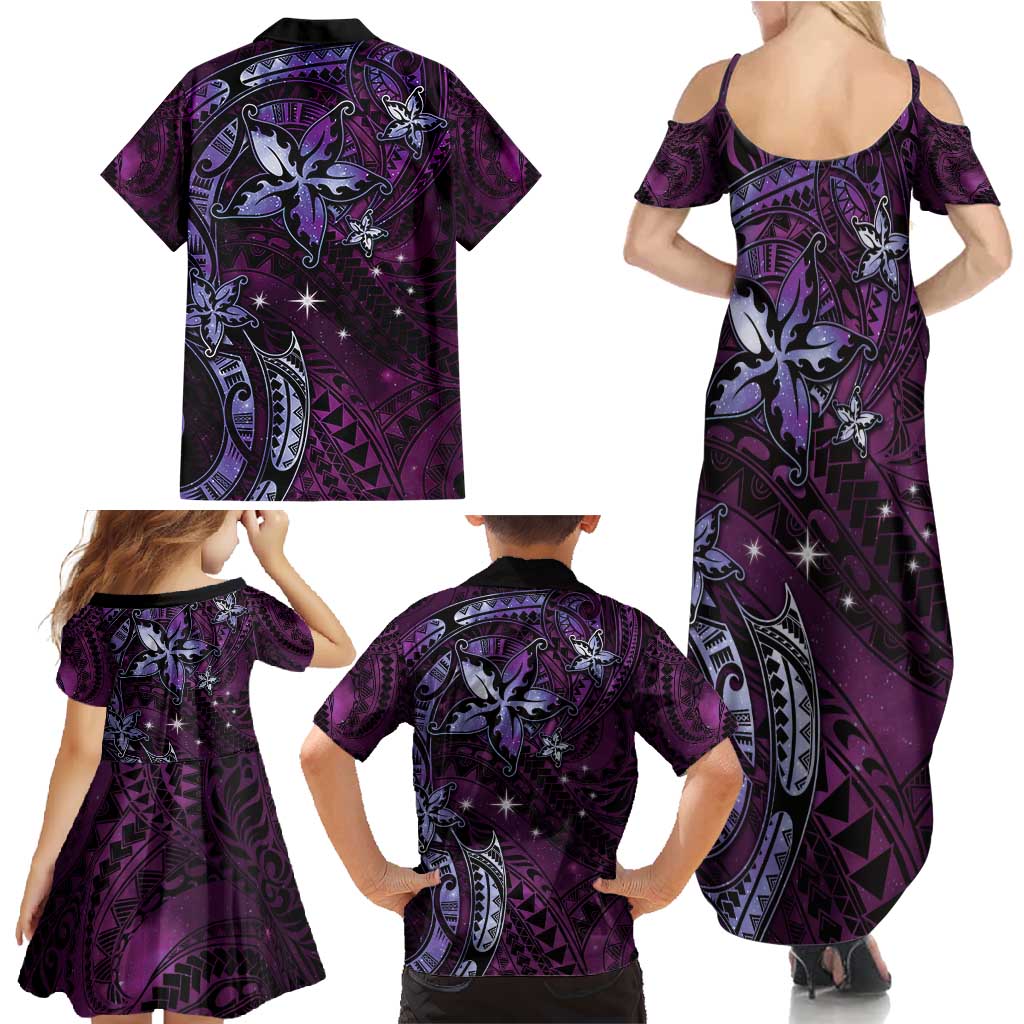 Hawaii Makahiki Season Family Matching Summer Maxi Dress and Hawaiian Shirt Floral Tribal Tattoo Purple Galaxy LT05 - Polynesian Pride