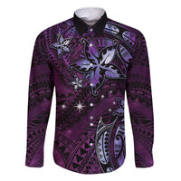 Hawaii Makahiki Season Family Matching Summer Maxi Dress and Hawaiian Shirt Floral Tribal Tattoo Purple Galaxy LT05 Dad's Shirt - Long Sleeve Purple - Polynesian Pride