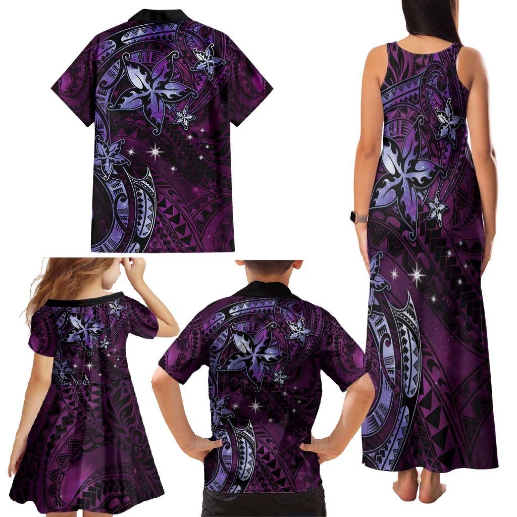 Hawaii Makahiki Season Family Matching Tank Maxi Dress and Hawaiian Shirt Floral Tribal Tattoo Purple Galaxy LT05 - Polynesian Pride