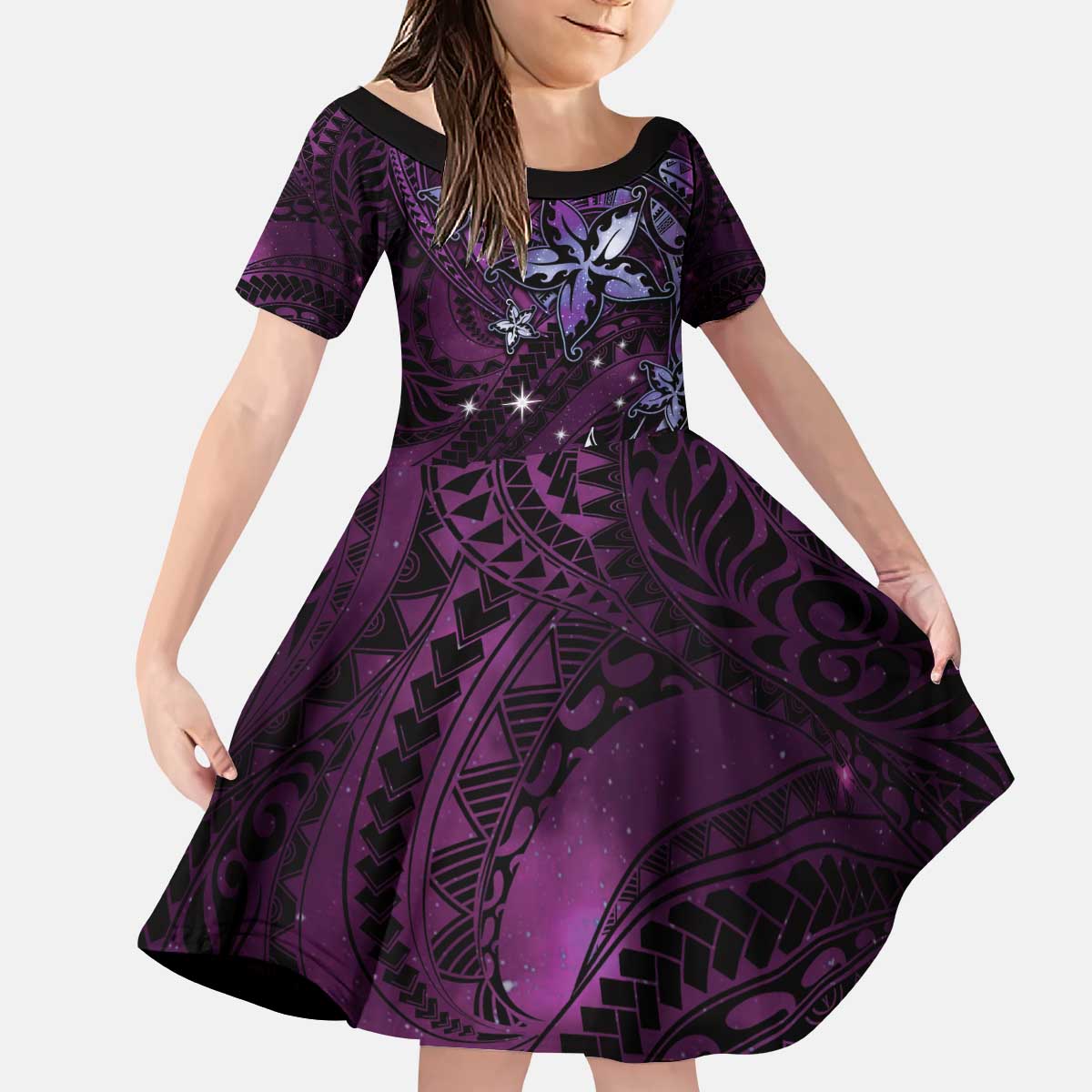 Hawaii Makahiki Season Kid Short Sleeve Dress Floral Tribal Tattoo Purple Galaxy