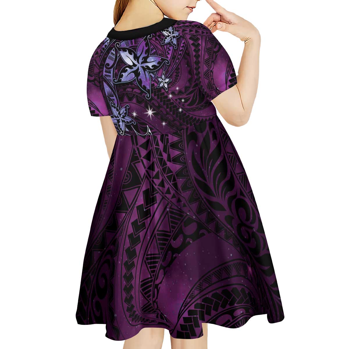 Hawaii Makahiki Season Kid Short Sleeve Dress Floral Tribal Tattoo Purple Galaxy