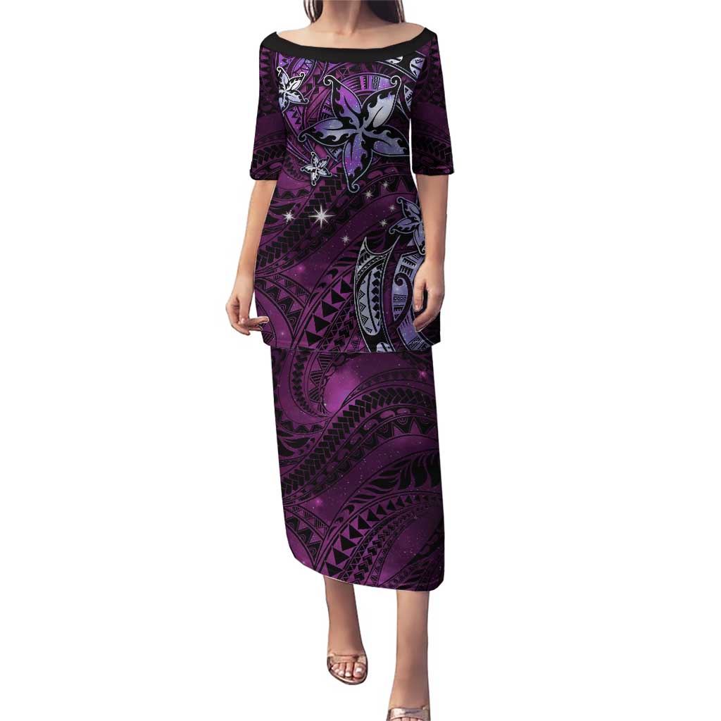 Hawaii Makahiki Season Puletasi Floral Tribal Tattoo Purple Galaxy