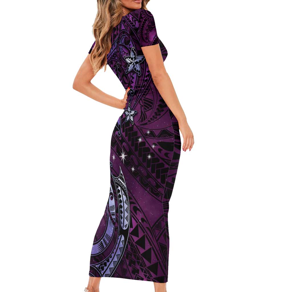 Hawaii Makahiki Season Short Sleeve Bodycon Dress Floral Tribal Tattoo Purple Galaxy LT05 - Polynesian Pride