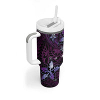 Hawaii Makahiki Season Tumbler With Handle Floral Tribal Tattoo Purple Galaxy
