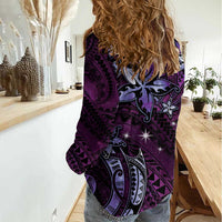 Hawaii Makahiki Season Women Casual Shirt Floral Tribal Tattoo Purple Galaxy LT05 - Polynesian Pride