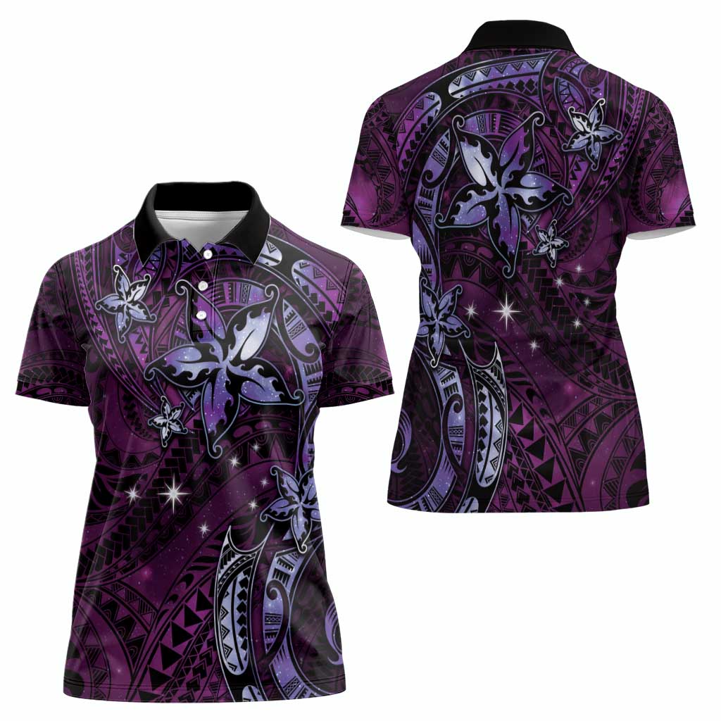 Hawaii Makahiki Season Women Polo Shirt Floral Tribal Tattoo Purple Galaxy LT05 - Polynesian Pride