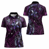 Hawaii Makahiki Season Women Polo Shirt Floral Tribal Tattoo Purple Galaxy LT05 - Polynesian Pride